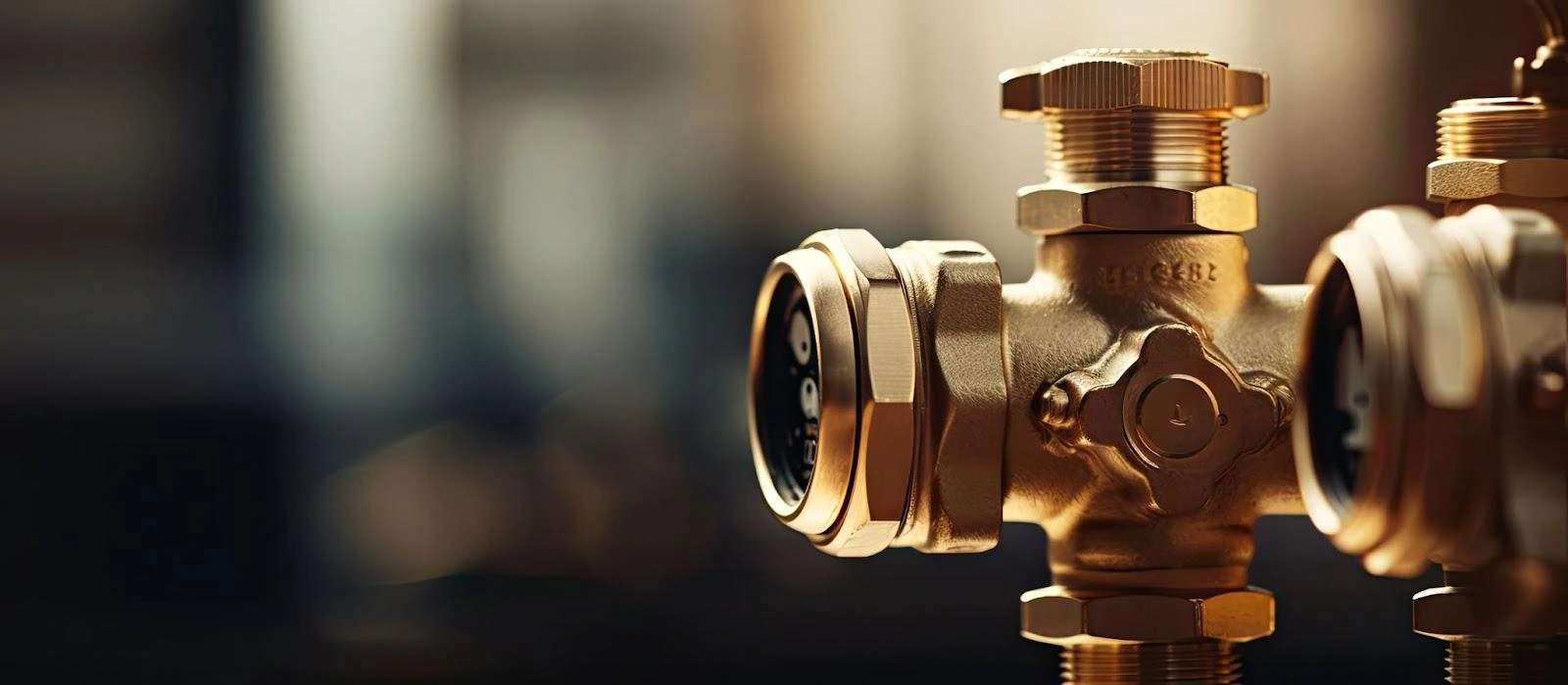 Two shiny brass valves lined up next to each other with a blurry background